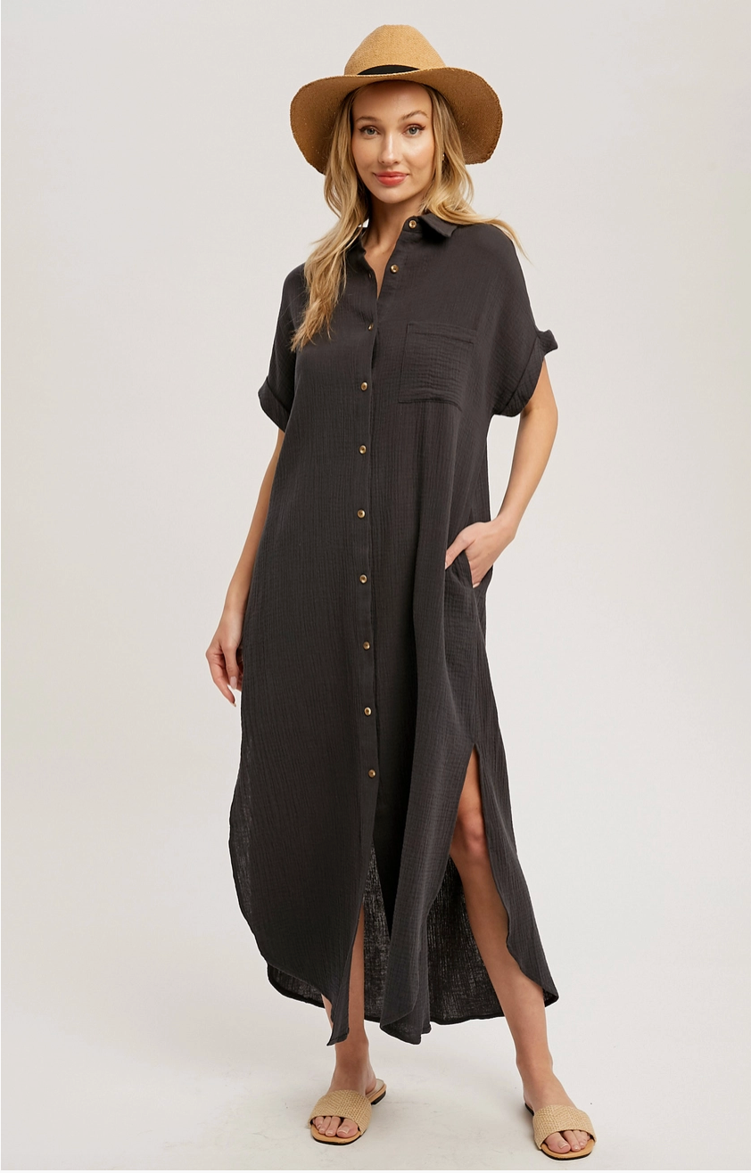 Button Up Maxi Shirt Dress with Pocket