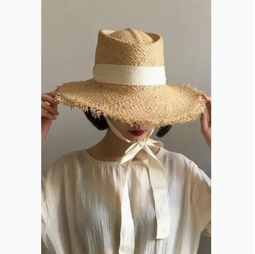 Cotton Ribbon Straw Hat with Bowknot Raw Edge Wome