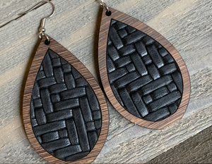 Wood Teardrop Earrings with Black or Brown Basket Weave Leather