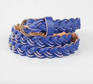 Faux Leather Skinny Braided Belt - White / Blue