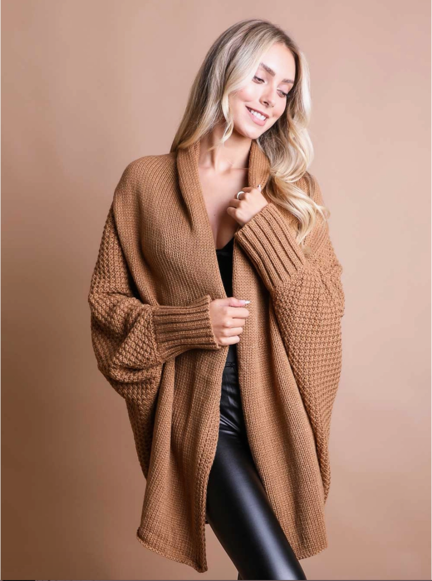 Bat Sleeve Knit Cardigan - Black / Camel / Beige